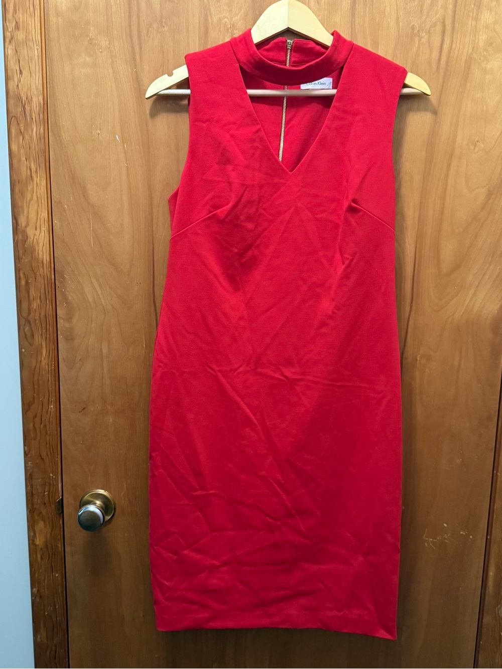 Calvin Klein Red Sleeveless Midi Sheath Dress with Keyhole Neck
